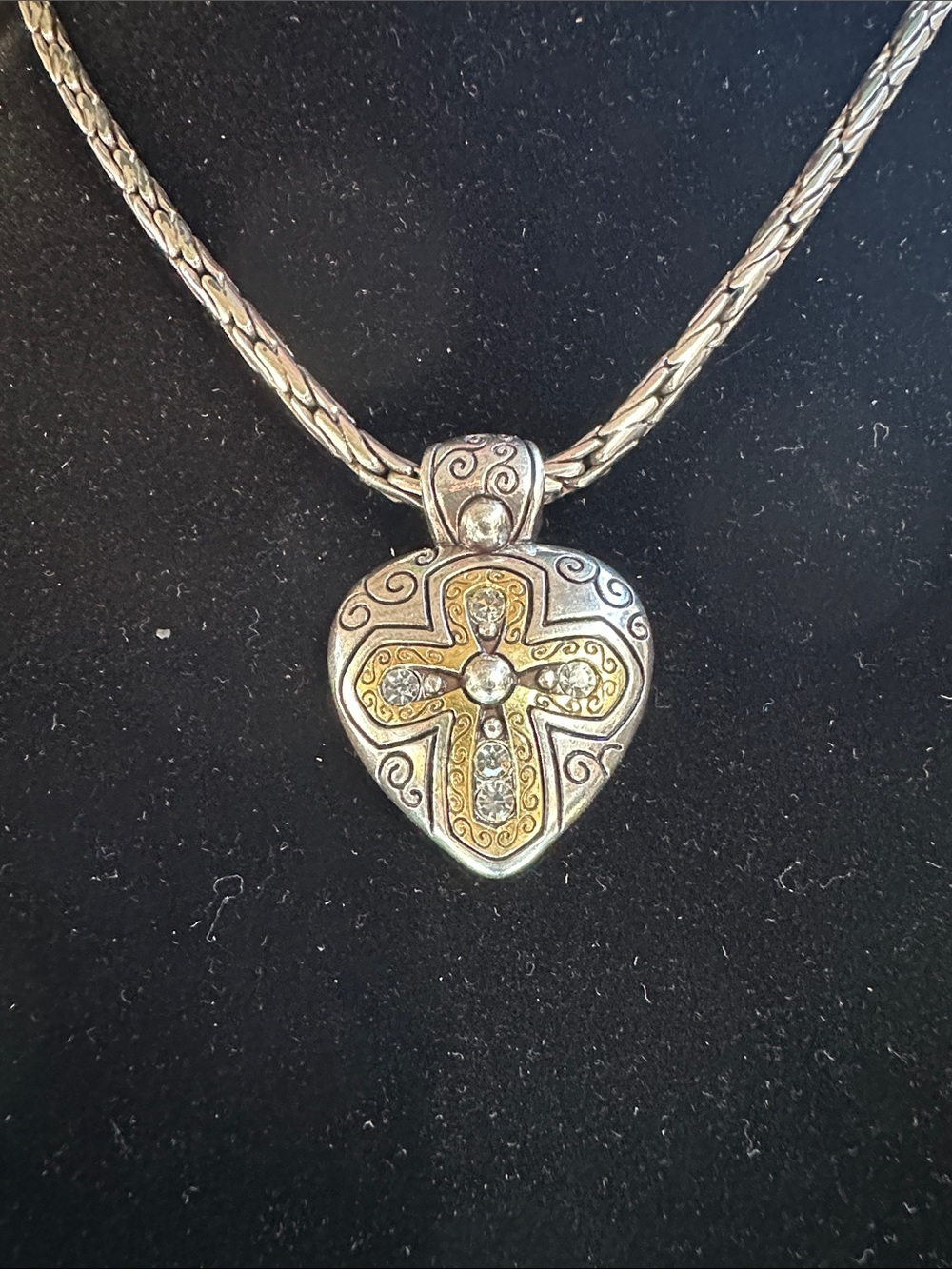 Brighton silver heart with gold cross & 5 crystals.   Chunky & ornate.